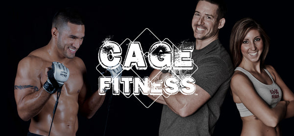 Two men and a woman posing in photo with an overlay of the Cage Fitness logo