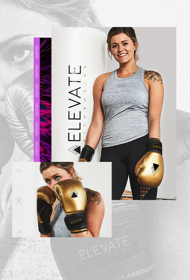 Woman posing with custom gloves and custom punching bag